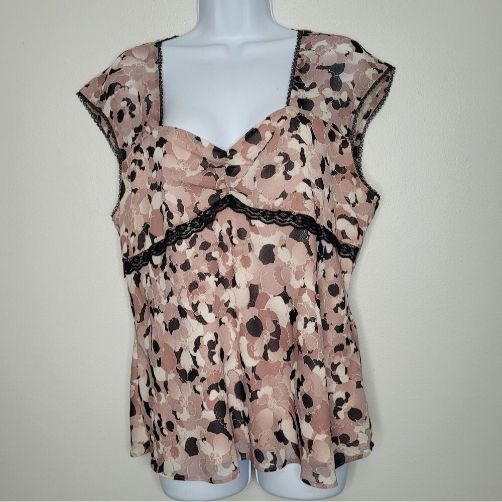 vintage y2k soft pink black abstract grunge print cap sleeve babydoll top